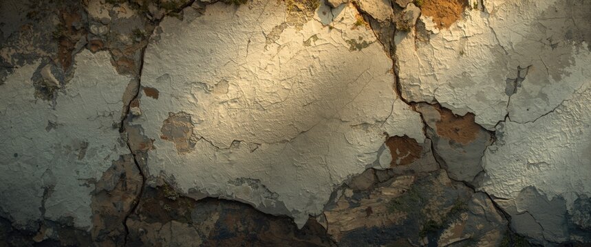 Cracked and peeling textured wall surface with shadows