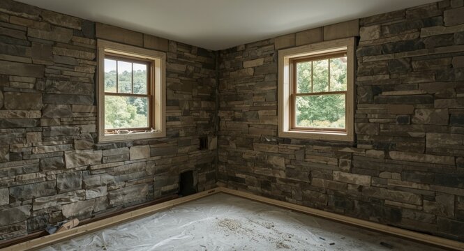 Renovated basement windows with stone window well after water damage repair