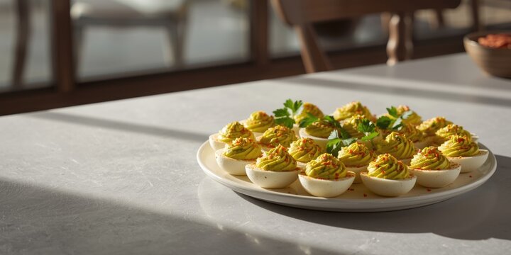Deviled eggs arranged on a white plate in natural light