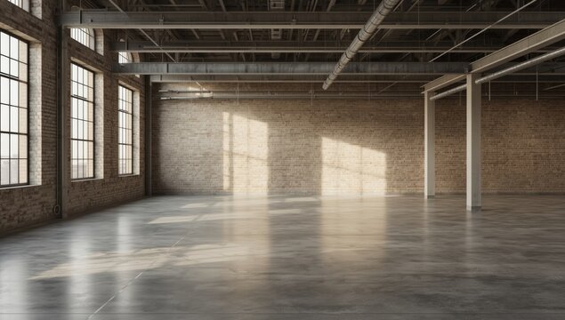 Empty industrial space with large windows and concrete floor