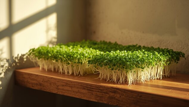 Home shelf with small microgreens basking in natural window sunshine