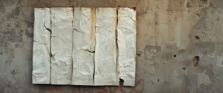 Texture background showing white wheatpaste street poster with rough crumpled panels