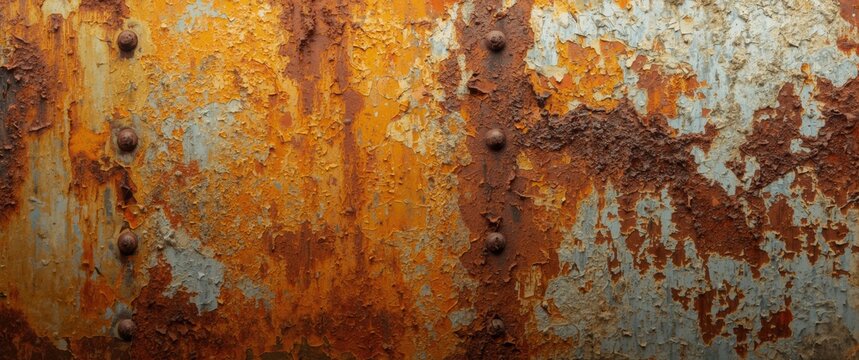 Close-up of rusty, peeling metal surface with rivets