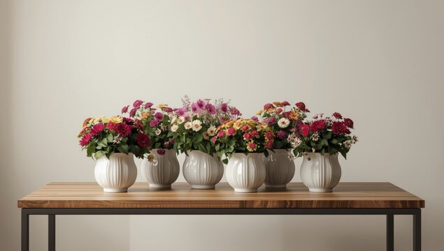 White flower pots with fresh garden flowers sitting on a modern table