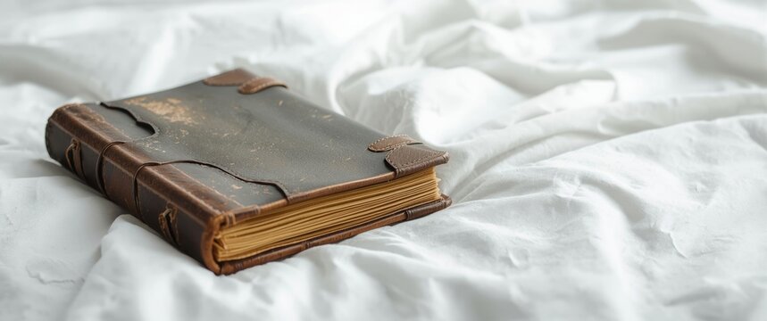 Weathered diary on white smooth backdrop including copy space