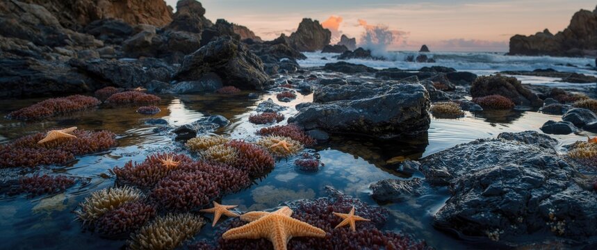 Natural tide pools and dramatic rocky coast under evening sky