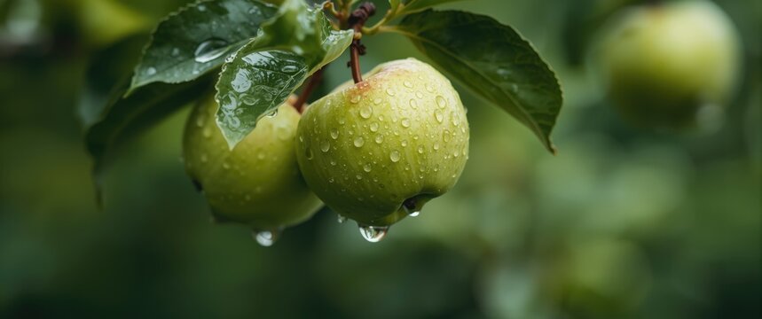 Fresh green apples with raindrops on a tree branch