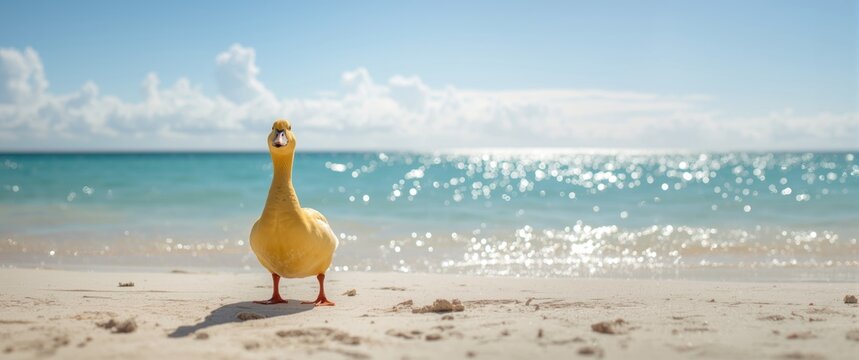 Yellow duck standing on a sandy beach by the sea