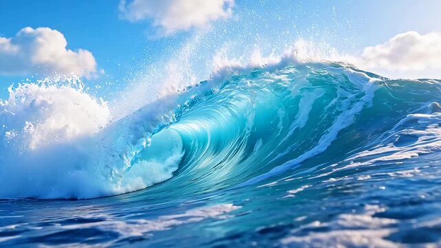 Ocean wave crashing under blue sky