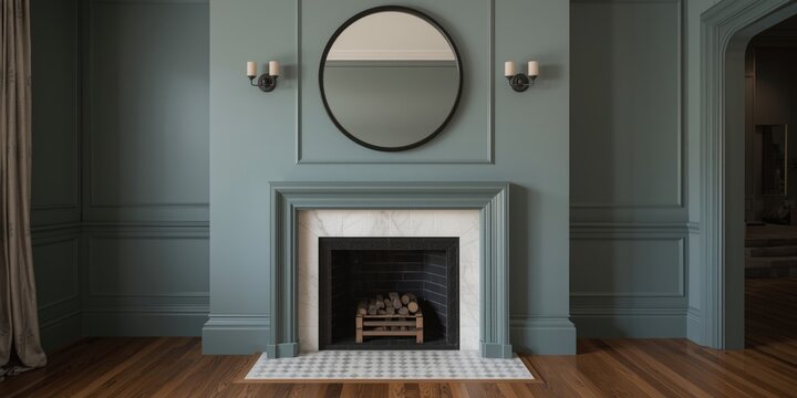 Modern fireplace with mirror and blue walls in a living room