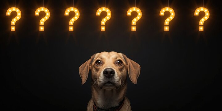Dog looking up with illuminated question marks in background