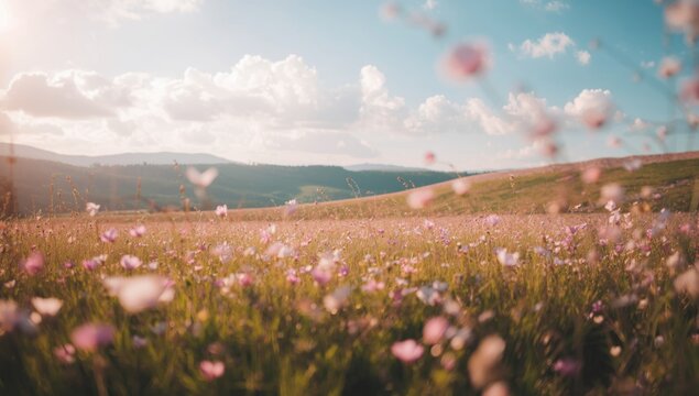 Picturesque meadow view with spring blossoms and a warm atmosphere