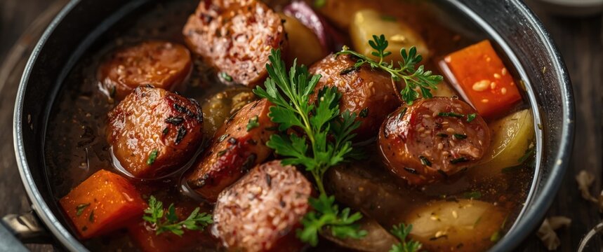 Sausage and vegetable stew in a black bowl
