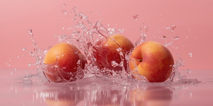 Ripe peaches creating dynamic water movement with a soft pink studio scene