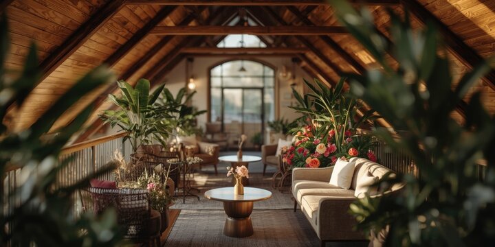 Mezzanine lounge area decorated with lush potted plants and a soft blurred background under a gabled roof
