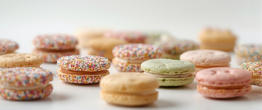 Variety of sprinkled sandwich cookies set against a clean white backdrop for snack and dessert themes