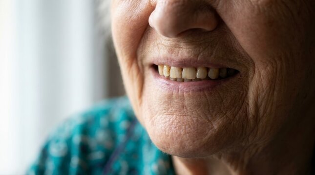 Close up Portrait of Smiling Elderly Woman Mouth and Chin dirty teeth