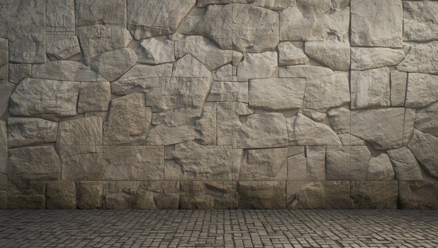 Natural stone facade with carved grouted textures and random paving tile design