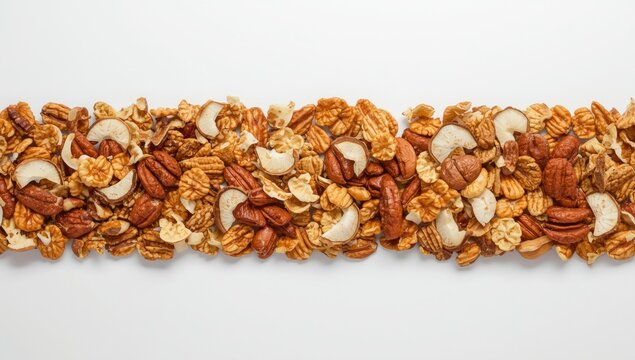 Organized set of granola nuts combined with coconut chips on clear white backdrop