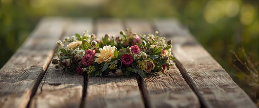 Vivid floral wreath on aged wooden planks showcasing rustic charm and lush greenery