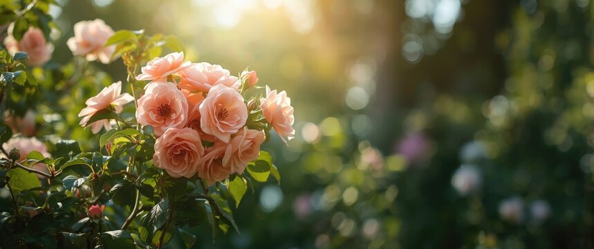 Pink roses blooming in a garden with soft sunlight
