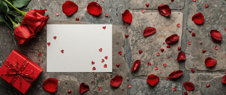 Red roses, gift box, and heart-shaped confetti on stone surface