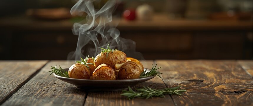 Hot roasted potatoes on a wooden table with herbs