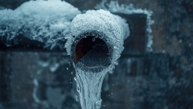 Frozen pipe with dripping water in winter setting
