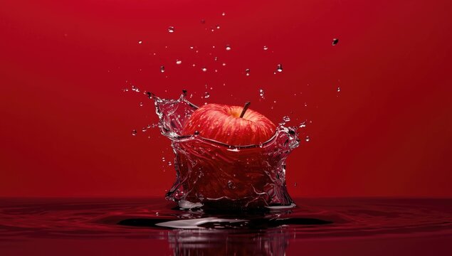 Red apple splashing into water against a red background
