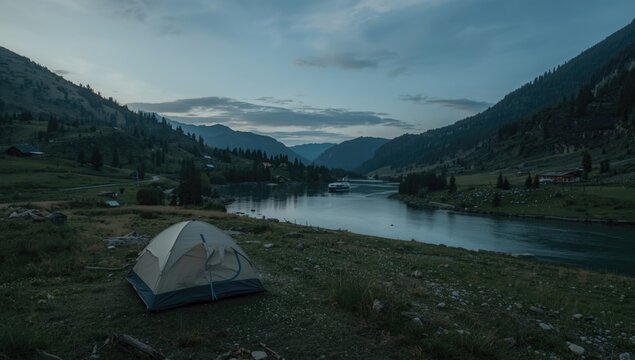 Tent set up by a calm river in mountainous landscape
