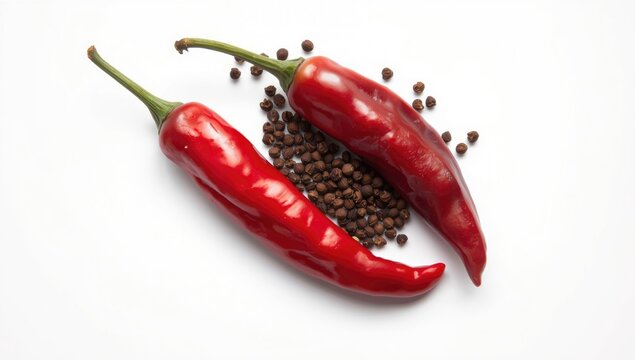 Red chili peppers and black peppercorns on a white background