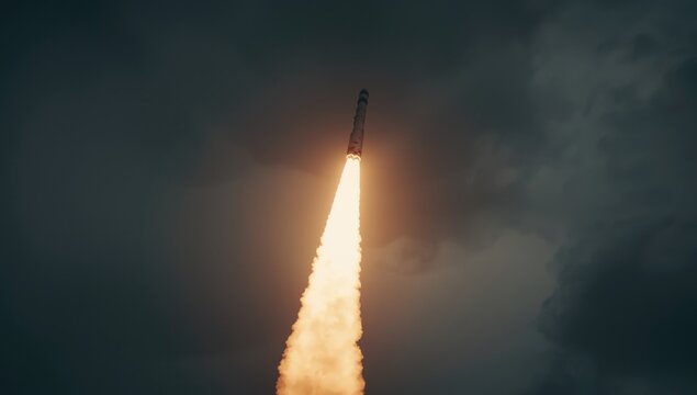 Rocket rocketing sky with hot exhaust flames trail