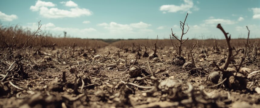 Dried crop field with stunted plants under a blue sky