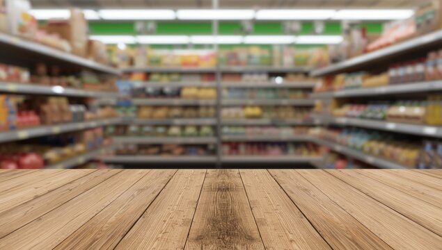 Wooden table in front of blurred grocery store shelves