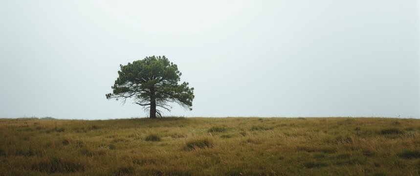 Lone tree on a grassy hill in foggy weather