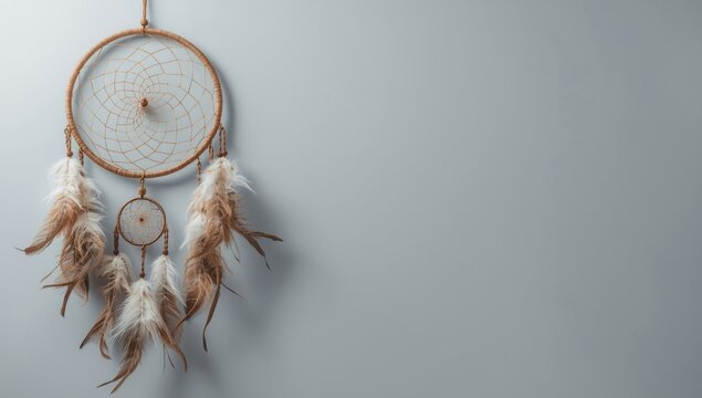 Intricate dreamcatcher against flat gray backdrop with copy space