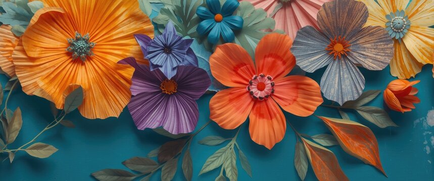 Layered paper flower and leaf composition with vibrant colors and textures