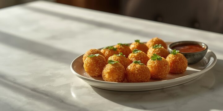 Fried cheese balls with dipping sauce on a marble table