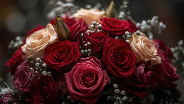 Red and pink rose bouquet with white filler flowers