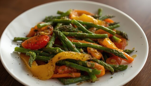 Stir-fried vegetables with bell peppers and asparagus on a plate