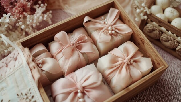 Gift boxes wrapped in pink ribbons inside a wooden crate