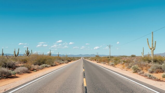 Serene desert road featuring healthy vegetation and spotless blue sky