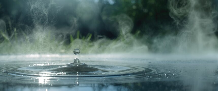 Water droplet splashing on a surface with mist rising