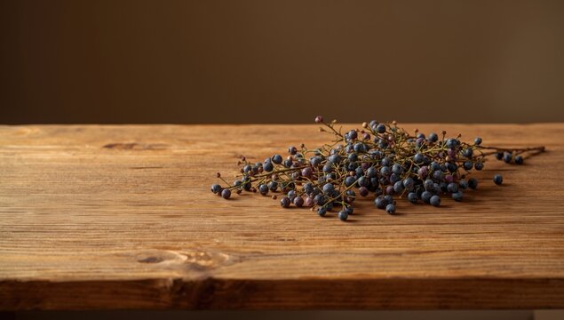 Rustic olive wood table adorned with dried juniper berries
