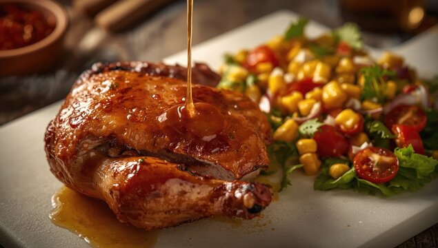 Oven baked chicken half with aromatic garlic ginger honey sauce alongside fresh tomato and corn salad