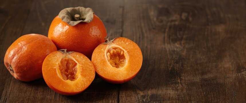 Fresh persimmons and sliced pieces on a wooden table