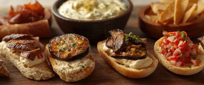 Variety of tapas toppings on sliced baguette featuring chorizo and aubergine dip