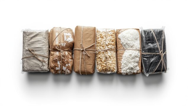 Bundles of various packaged food items on a white background
