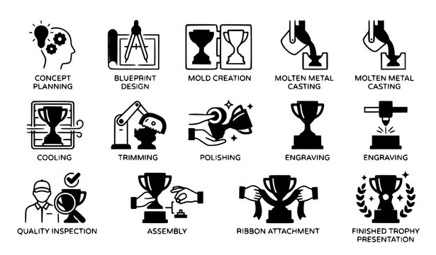 Trophy Manufacturing Process Icons Set with Design Mold Casting Metalwork Finishing and Award Personalization