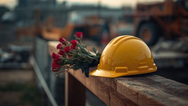 Safety helmet and red flowers placed near construction site for memorial